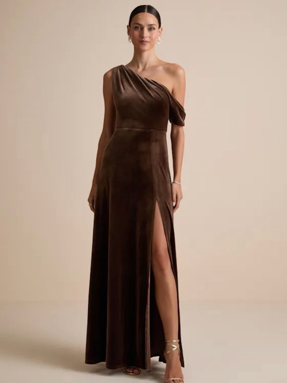 Coveted Confidence Brown Velvet Asymmetrical Maxi Dress